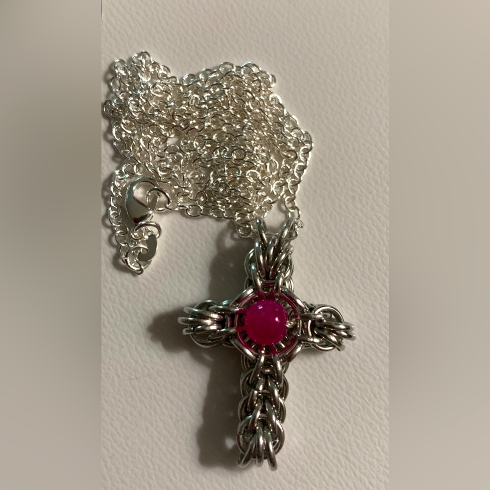 Ruby Cross in Platinum Handmade Chainmaille Necklace